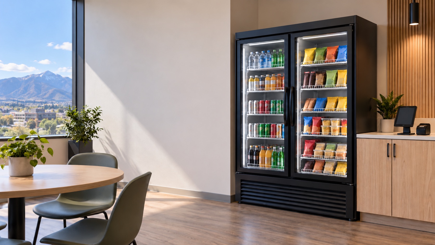 Illustrative concept of a stocked cooler in a workplace break area